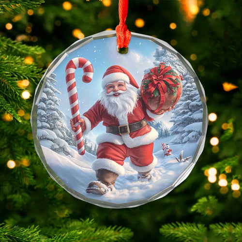 Netecom Santa Claus Walking in Snow Glass Ornament – Christmas Tree Decor with Candy Cane, Holiday Gift, 3 in