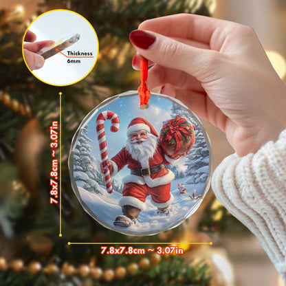 Netecom Santa Claus Walking in Snow Glass Ornament – Christmas Tree Decor with Candy Cane, Holiday Gift, 3 in