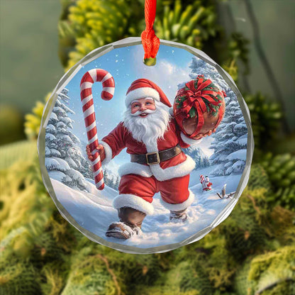 Netecom Santa Claus Walking in Snow Glass Ornament – Christmas Tree Decor with Candy Cane, Holiday Gift, 3 in