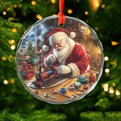 Netecom Santa Claus Ornament – Acrylic Round Christmas Tree Decoration with Toy Train Design, Perfect Keepsake Gift, 3 in