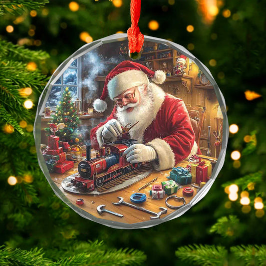 Netecom Santa Claus Ornament – Acrylic Round Christmas Tree Decoration with Toy Train Design, Perfect Keepsake Gift, 3 in