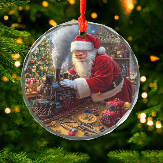 Netecom Santa Claus in Toy Workshop Glass Ornament – Christmas Tree Decoration, Holiday Keepsake Gift, 3 in