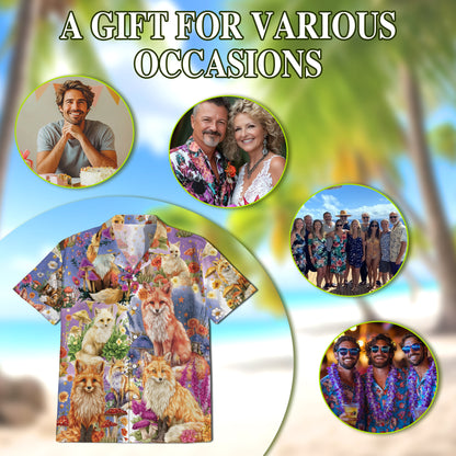 Netecom Fox Into Spring Hawaiian Shirt for Men, Fox Lover Gifts, Animal Summer Beach Aloha Button Down Shirts