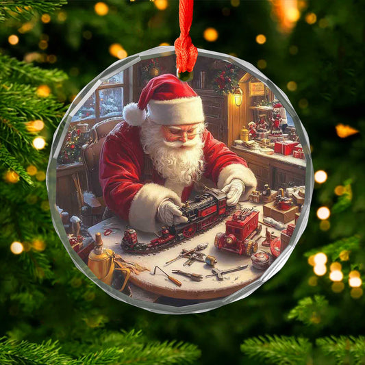 Netecom Santa Claus Making Toys Glass Ornament – Christmas Tree Decoration, Holiday Keepsake, 3 in