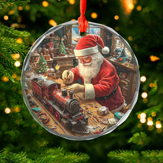 Netecom Santa Claus with Toy Train Glass Ornament – Christmas Tree Decor, Festive Holiday Gift, 3 in