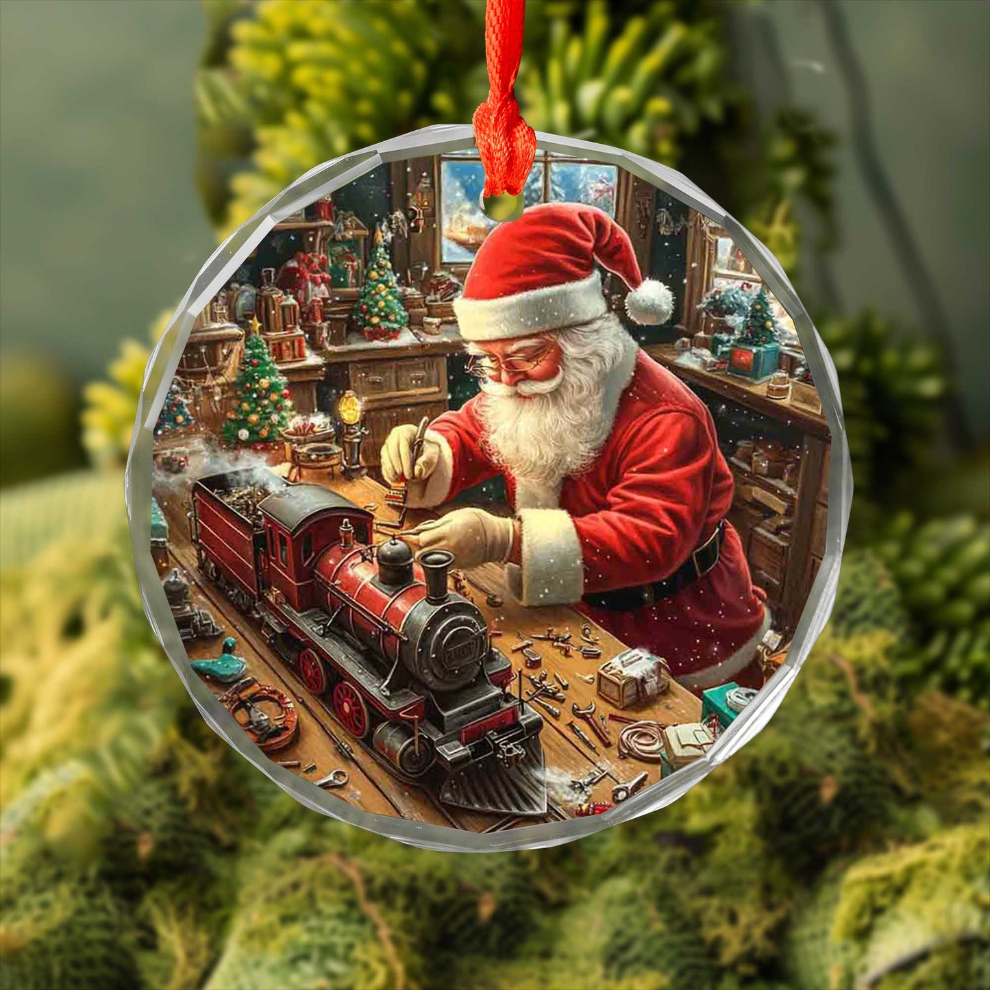 Netecom Santa Claus with Toy Train Glass Ornament – Christmas Tree Decor, Festive Holiday Gift, 3 in