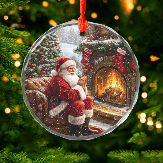 Netecom Santa Claus Sitting by Fireplace Glass Ornament – Cozy Christmas Tree Decor, Perfect Holiday Gift, 3 in