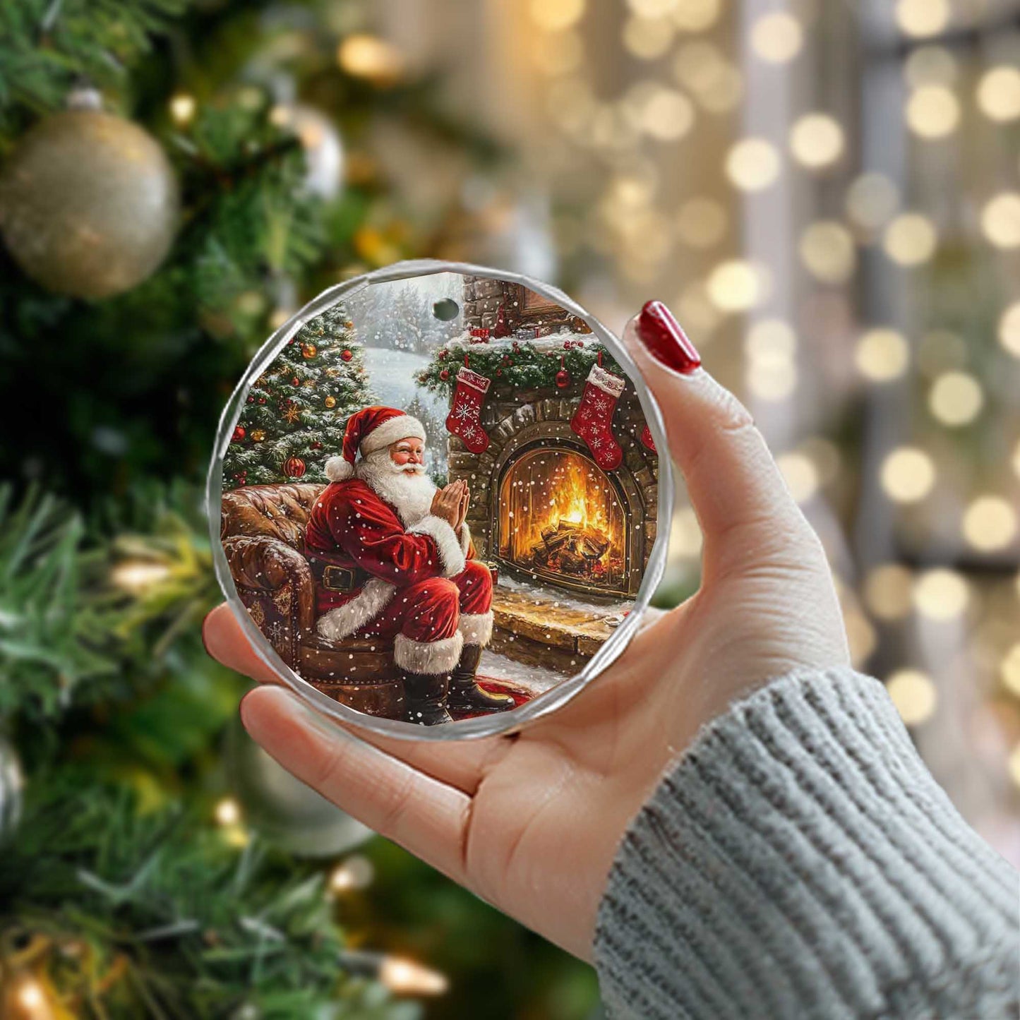 Netecom Santa Claus Sitting by Fireplace Glass Ornament – Cozy Christmas Tree Decor, Perfect Holiday Gift, 3 in