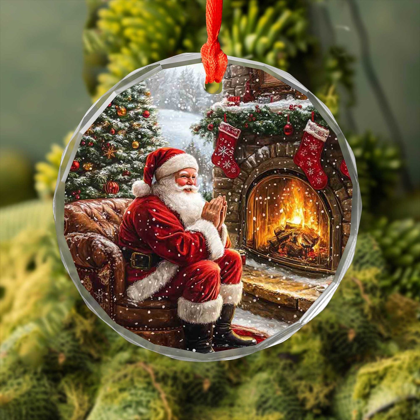 Netecom Santa Claus Sitting by Fireplace Glass Ornament – Cozy Christmas Tree Decor, Perfect Holiday Gift, 3 in