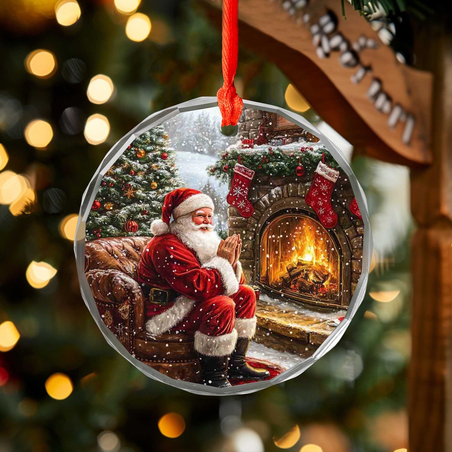 Netecom Santa Claus Sitting by Fireplace Glass Ornament – Cozy Christmas Tree Decor, Perfect Holiday Gift, 3 in
