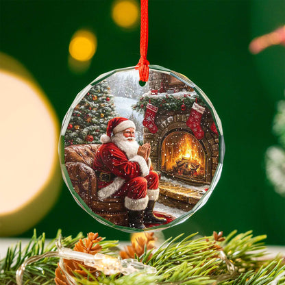 Netecom Santa Claus Sitting by Fireplace Glass Ornament – Cozy Christmas Tree Decor, Perfect Holiday Gift, 3 in
