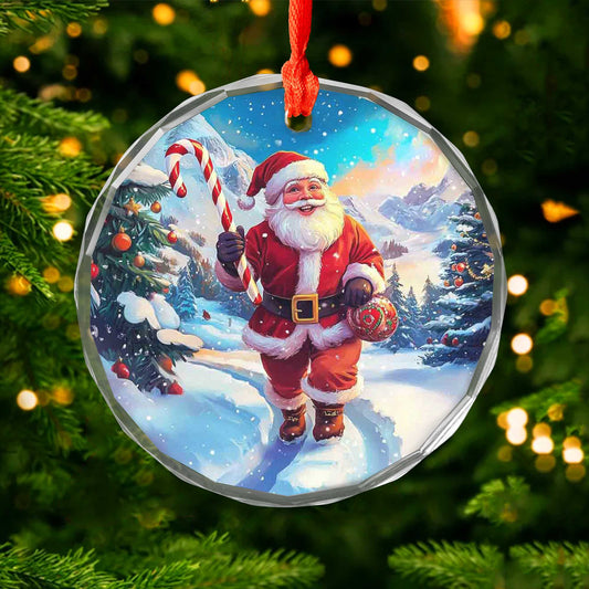 Netecom Santa Claus Glass Ornament – Winter Wonderland with Candy Cane, Christmas Tree Decoration, 3 in