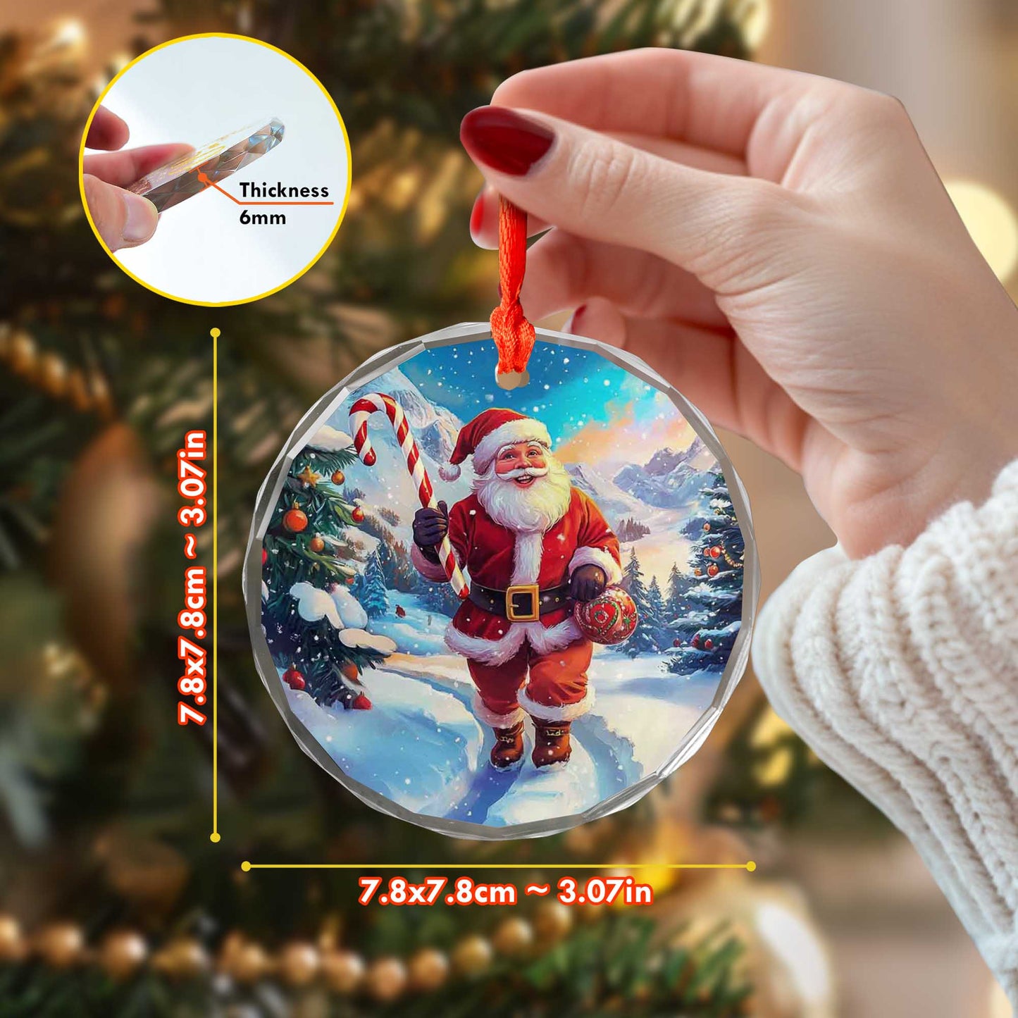 Netecom Santa Claus Glass Ornament – Winter Wonderland with Candy Cane, Christmas Tree Decoration, 3 in