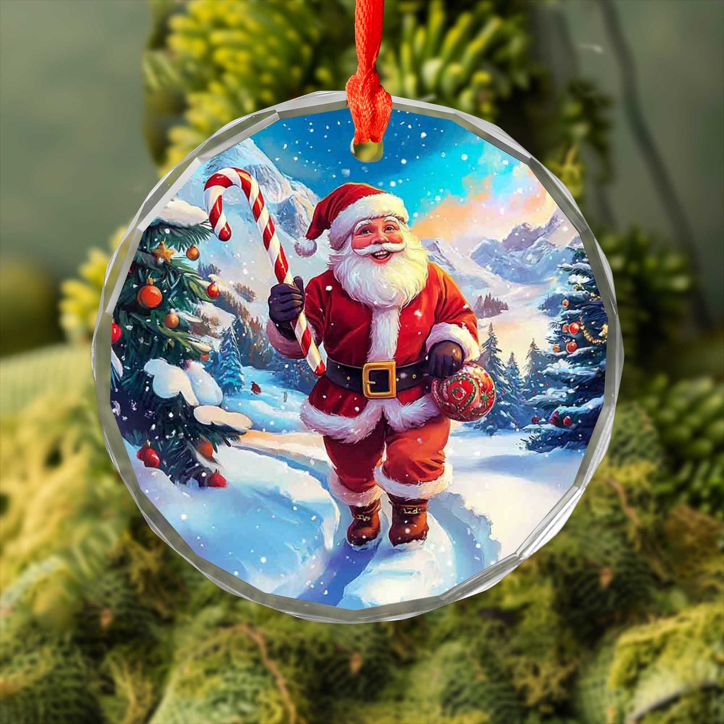 Netecom Santa Claus Glass Ornament – Winter Wonderland with Candy Cane, Christmas Tree Decoration, 3 in