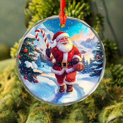 Netecom Santa Claus Glass Ornament – Winter Wonderland with Candy Cane, Christmas Tree Decoration, 3 in