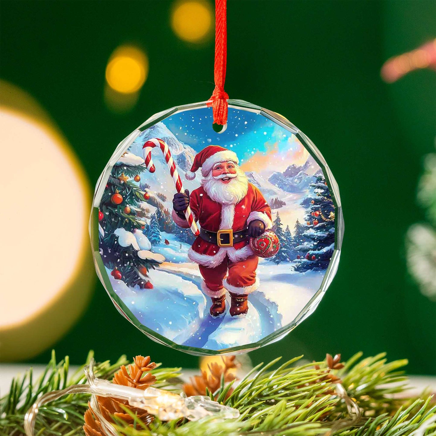 Netecom Santa Claus Glass Ornament – Winter Wonderland with Candy Cane, Christmas Tree Decoration, 3 in