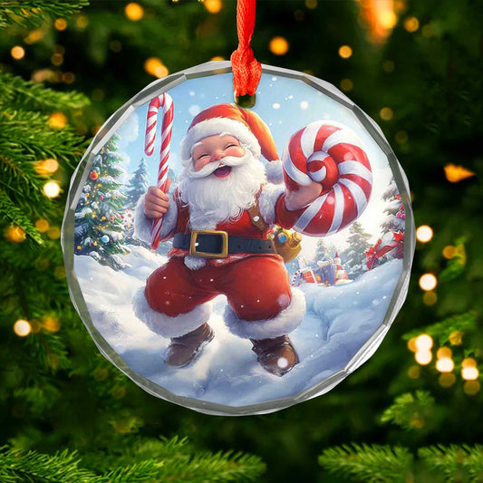 Netecom Santa Claus Walking in Snow Glass Ornament – Christmas Tree Decor with Candy Cane, Holiday Gift, 3 in