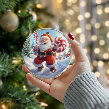 Netecom Santa Claus Walking in Snow Glass Ornament – Christmas Tree Decor with Candy Cane, Holiday Gift, 3 in