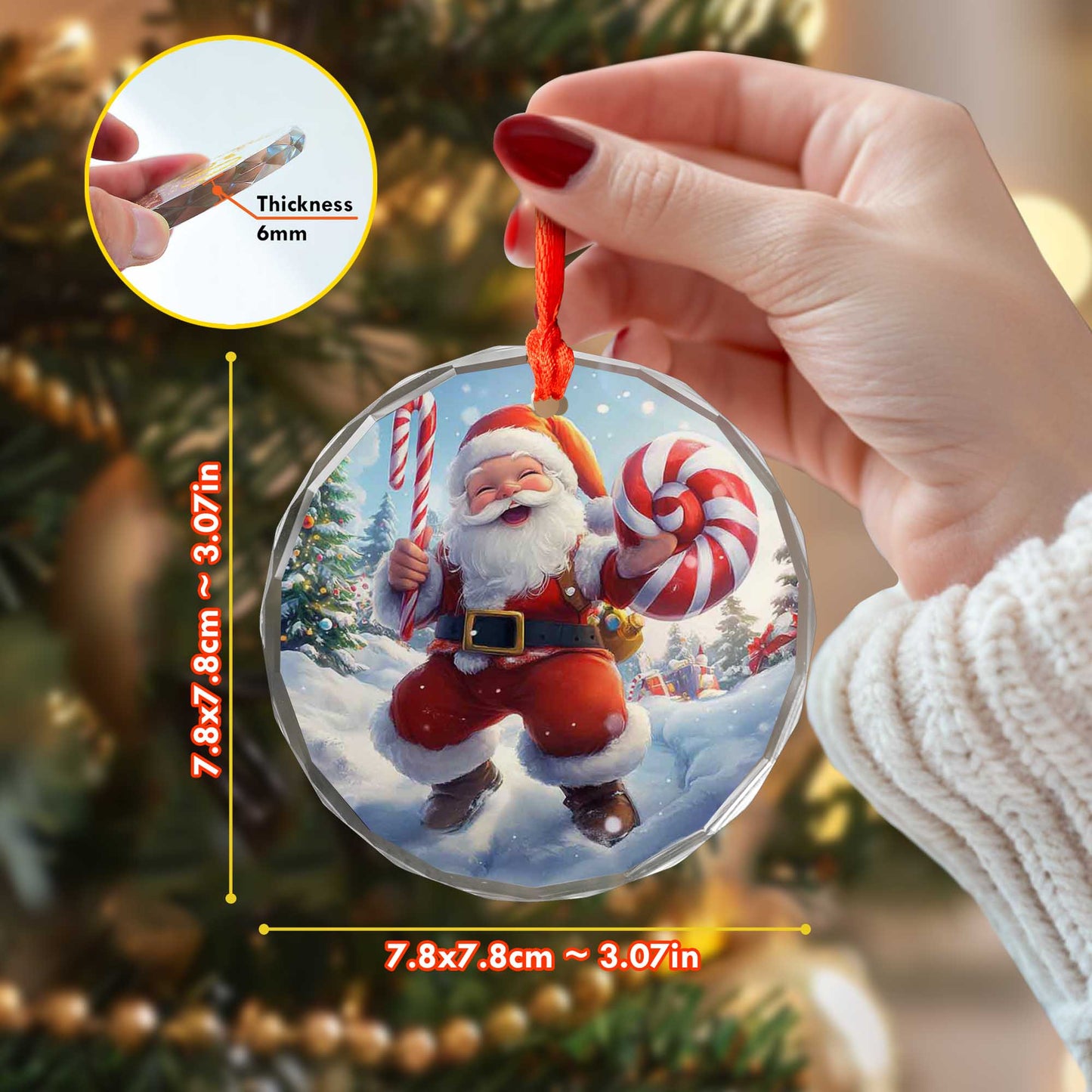 Netecom Santa Claus Walking in Snow Glass Ornament – Christmas Tree Decor with Candy Cane, Holiday Gift, 3 in