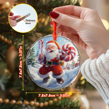 Netecom Santa Claus Walking in Snow Glass Ornament – Christmas Tree Decor with Candy Cane, Holiday Gift, 3 in