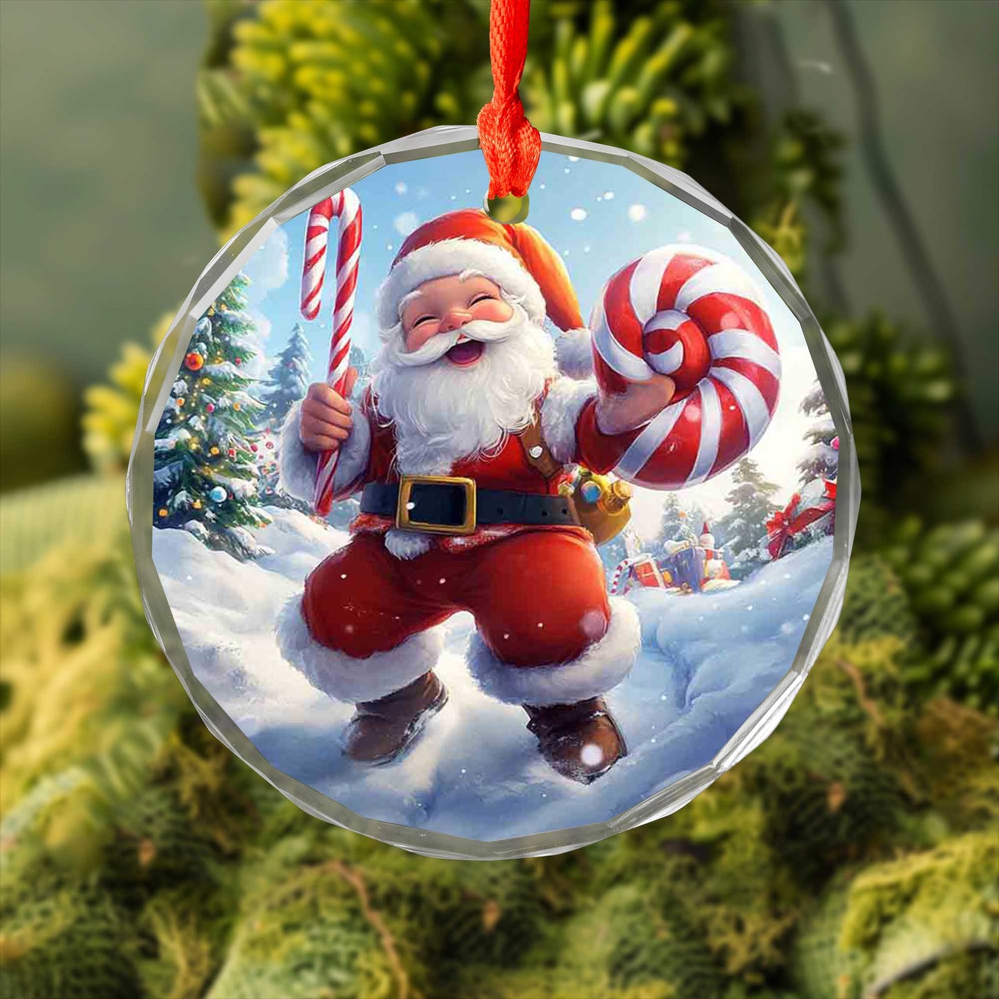 Netecom Santa Claus Walking in Snow Glass Ornament – Christmas Tree Decor with Candy Cane, Holiday Gift, 3 in