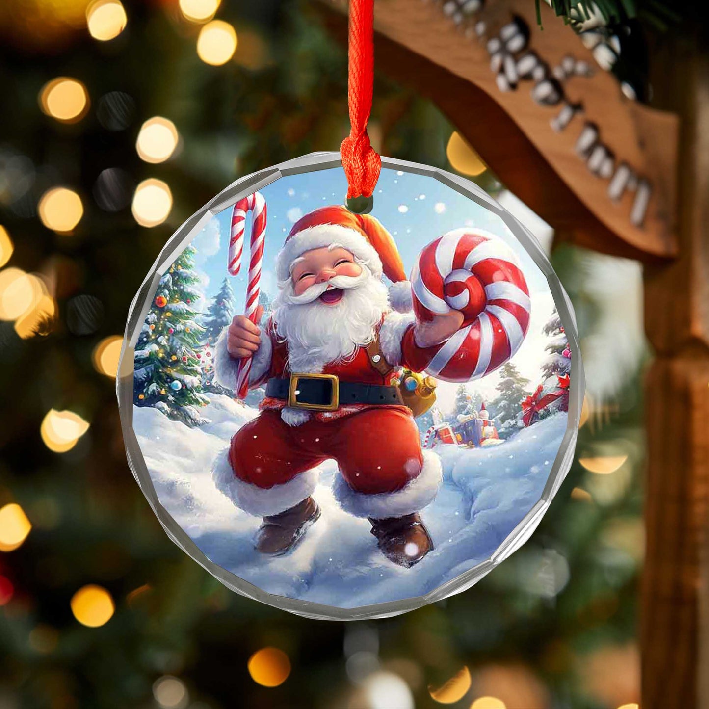 Netecom Santa Claus Walking in Snow Glass Ornament – Christmas Tree Decor with Candy Cane, Holiday Gift, 3 in