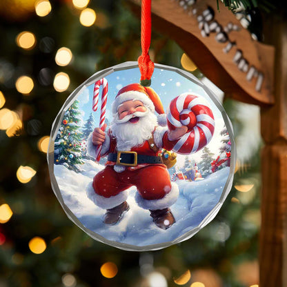 Netecom Santa Claus Walking in Snow Glass Ornament – Christmas Tree Decor with Candy Cane, Holiday Gift, 3 in