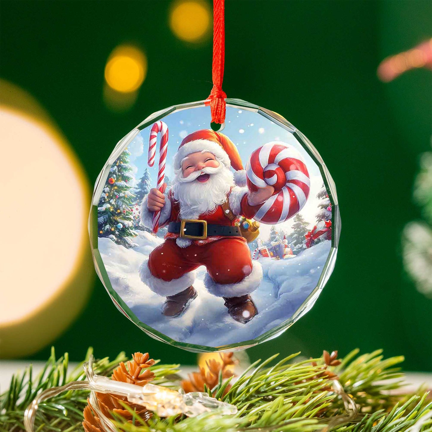 Netecom Santa Claus Walking in Snow Glass Ornament – Christmas Tree Decor with Candy Cane, Holiday Gift, 3 in