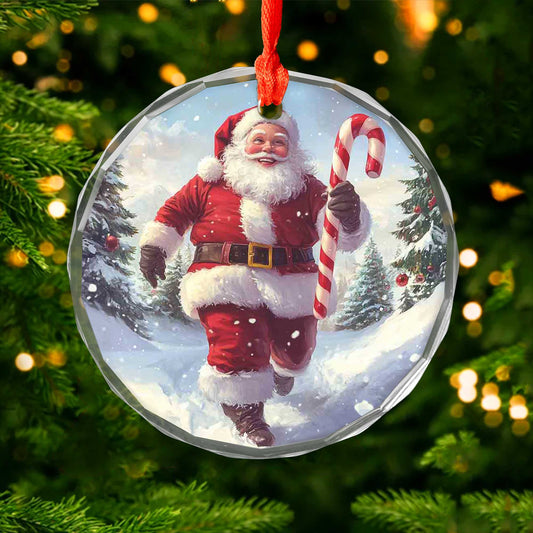 Netecom Santa Claus with Candy Cane Glass Ornament – Christmas Tree Decoration, Festive Holiday Keepsake, 3 in