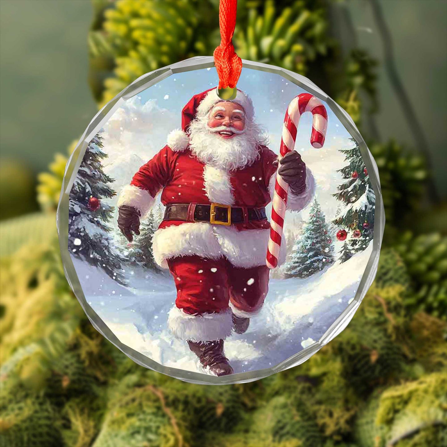 Netecom Santa Claus with Candy Cane Glass Ornament – Christmas Tree Decoration, Festive Holiday Keepsake, 3 in