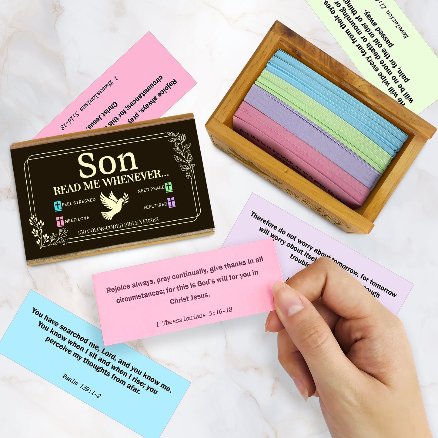 Son Bible Verses Wooden Box with Walnut Cross – 150 Color-Coded Christian Scriptures for Peace, Love, Strength & Encouragement – Perfect Gift for Sons
