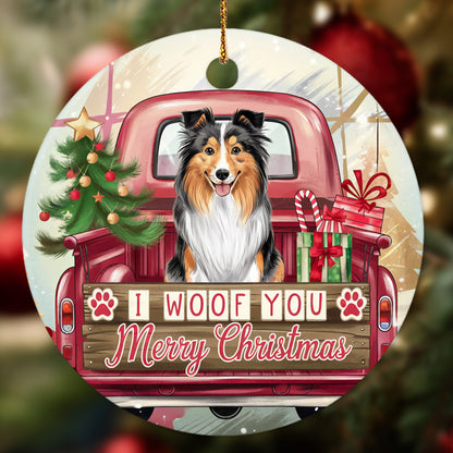 Netecom Funny Shetland Sheepdog in Red Truck Ornament, I Woof You Merry Christmas Ceramic Ornament for Christmas Tree Hanging Decorations Gift, Dog Lover Gifts, Holiday Party Present