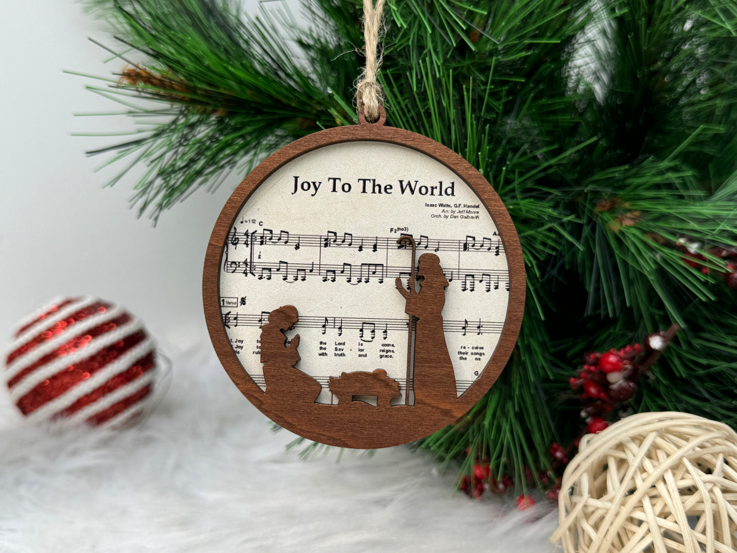 Netecom 2-Layered Wooden Christmas Ornaments – Nativity Hymn Scene Set of 5, Biblical Song Design “Joy to the World”, “We Three Kings”