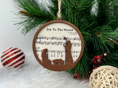 Netecom 2-Layered Wooden Christmas Ornaments – Nativity Hymn Scene Set of 5, Biblical Song Design “Joy to the World”, “We Three Kings”