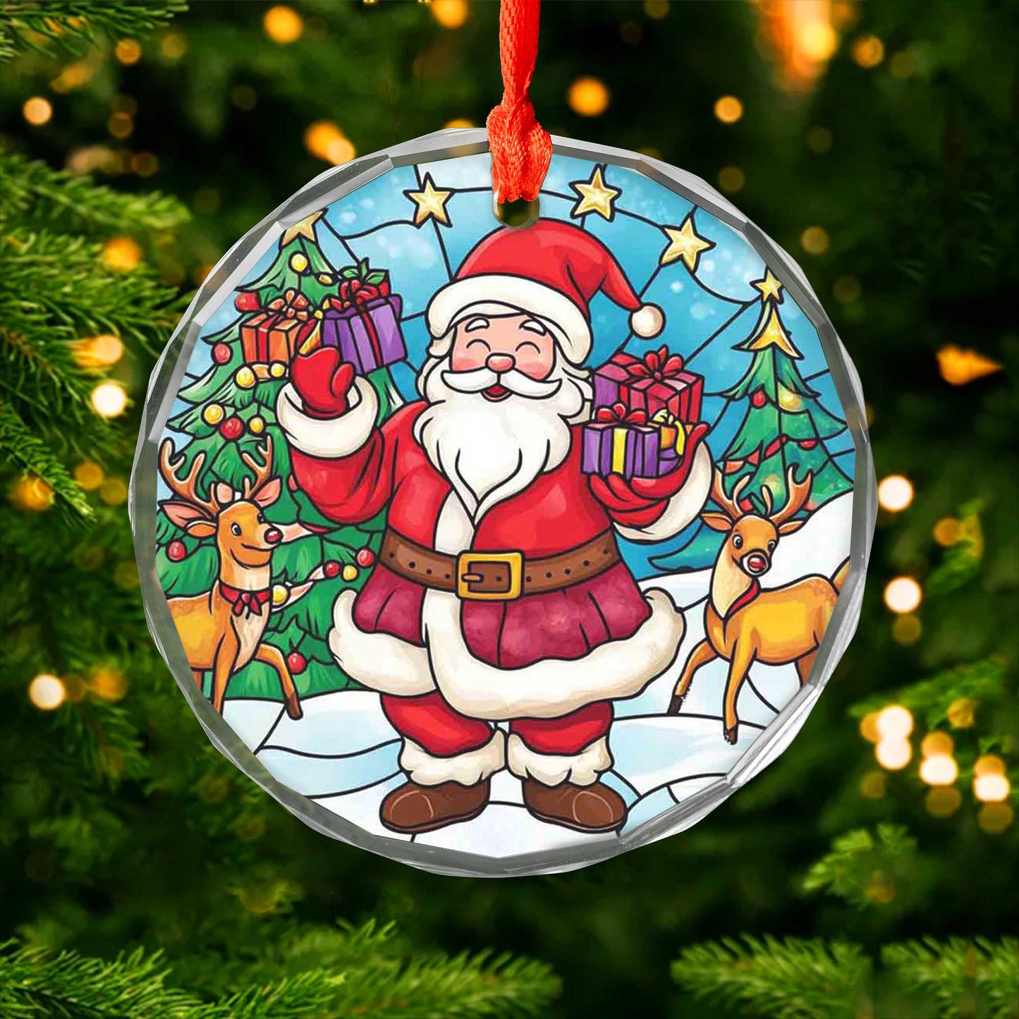 Netecom Santa Claus & Reindeer Glass Ornament – Winter Christmas Tree Decoration with Gifts, Holiday Keepsake, 3 in