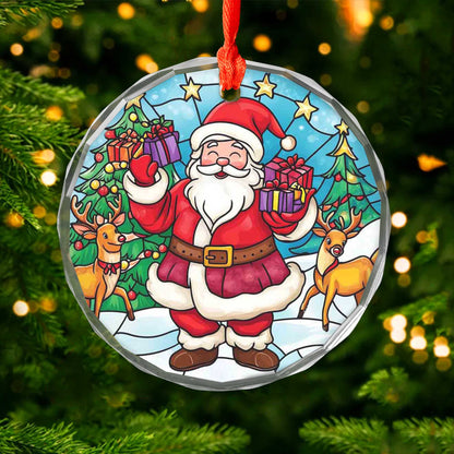 Netecom Santa Claus & Reindeer Glass Ornament – Winter Christmas Tree Decoration with Gifts, Holiday Keepsake, 3 in