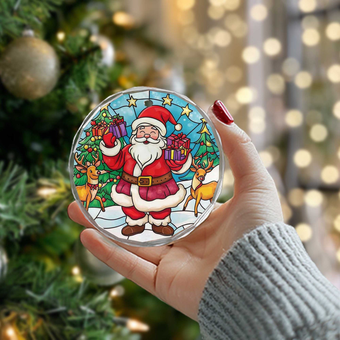 Netecom Santa Claus & Reindeer Glass Ornament – Winter Christmas Tree Decoration with Gifts, Holiday Keepsake, 3 in