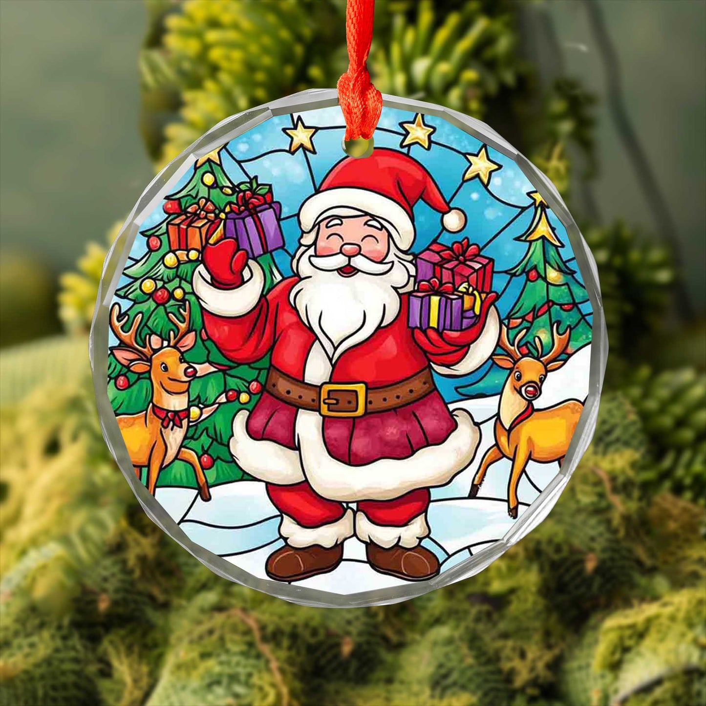 Netecom Santa Claus & Reindeer Glass Ornament – Winter Christmas Tree Decoration with Gifts, Holiday Keepsake, 3 in