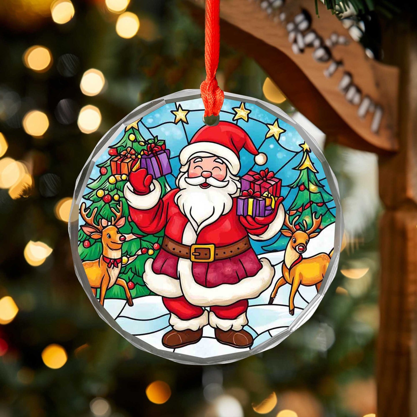 Netecom Santa Claus & Reindeer Glass Ornament – Winter Christmas Tree Decoration with Gifts, Holiday Keepsake, 3 in