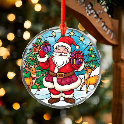 Netecom Santa Claus & Reindeer Glass Ornament – Winter Christmas Tree Decoration with Gifts, Holiday Keepsake, 3 in