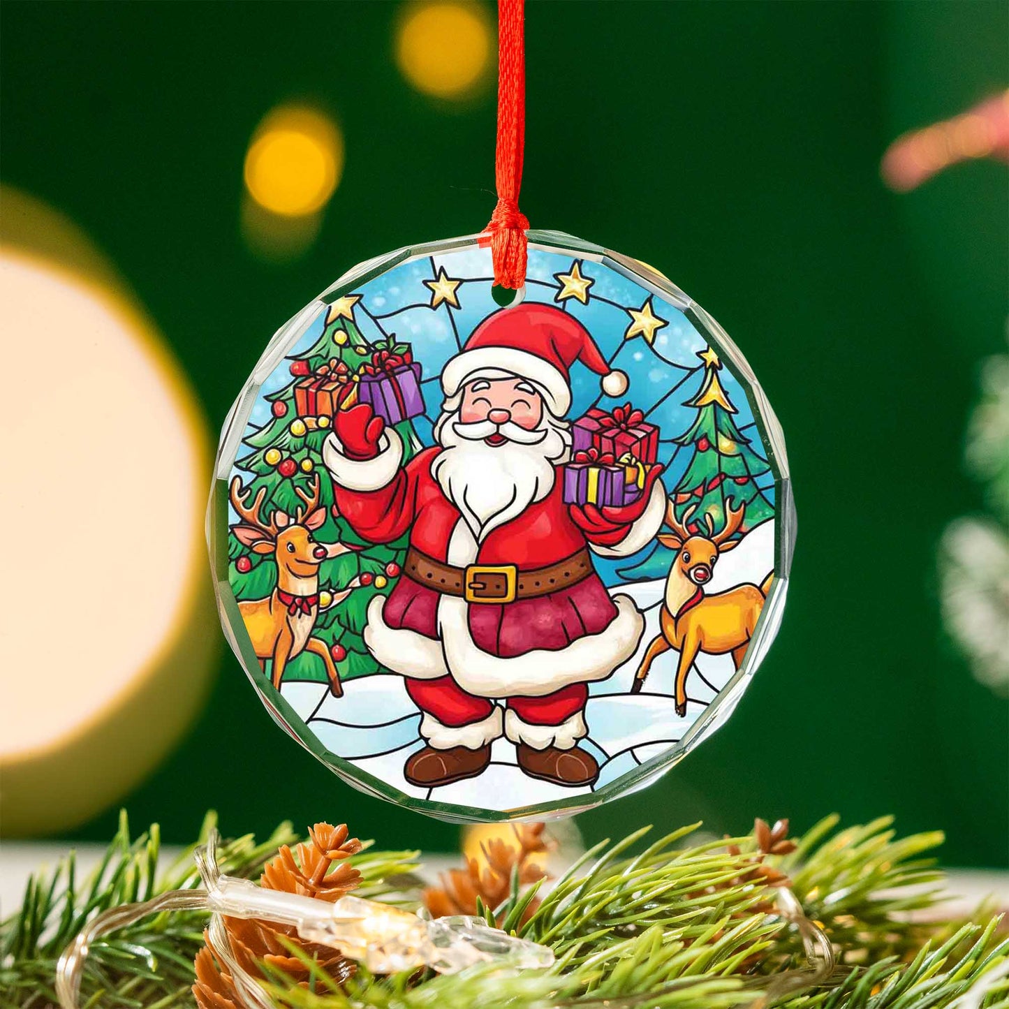 Netecom Santa Claus & Reindeer Glass Ornament – Winter Christmas Tree Decoration with Gifts, Holiday Keepsake, 3 in