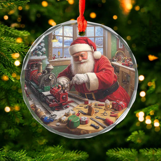 Netecom Santa Claus Repairing Toy Train Glass Ornament – Christmas Workshop Decor, Holiday Keepsake Gift, 3-inch