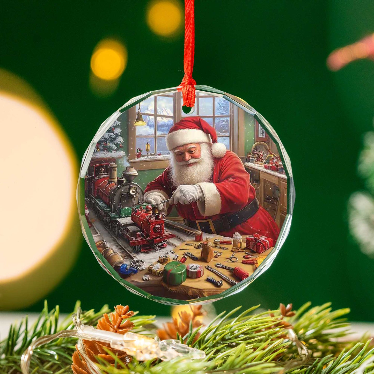 Netecom Santa Claus Repairing Toy Train Glass Ornament – Christmas Workshop Decor, Holiday Keepsake Gift, 3-inch