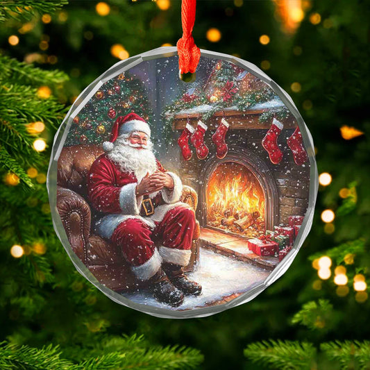 Netecom Santa Claus by the Fireplace Glass Ornament – Cozy Christmas Eve Scene Decor, Holiday Keepsake Gift, 3-inch