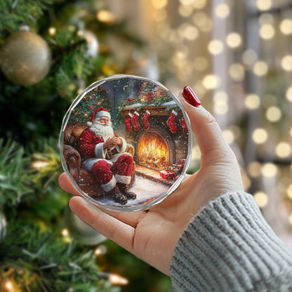 Netecom Santa Claus by the Fireplace Glass Ornament – Cozy Christmas Eve Scene Decor, Holiday Keepsake Gift, 3-inch
