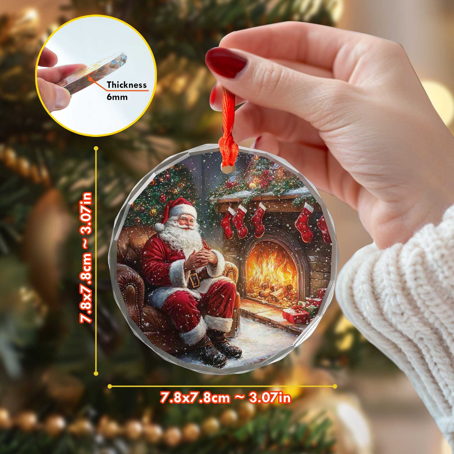 Netecom Santa Claus by the Fireplace Glass Ornament – Cozy Christmas Eve Scene Decor, Holiday Keepsake Gift, 3-inch