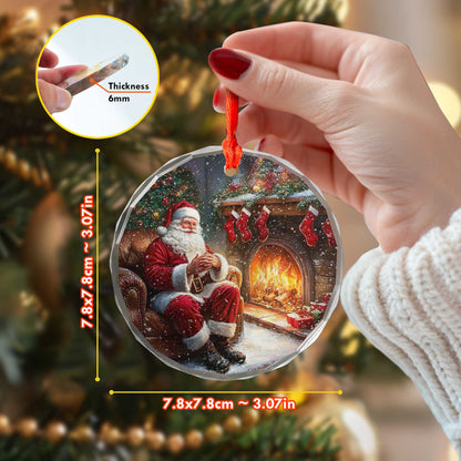 Netecom Santa Claus by the Fireplace Glass Ornament – Cozy Christmas Eve Scene Decor, Holiday Keepsake Gift, 3-inch