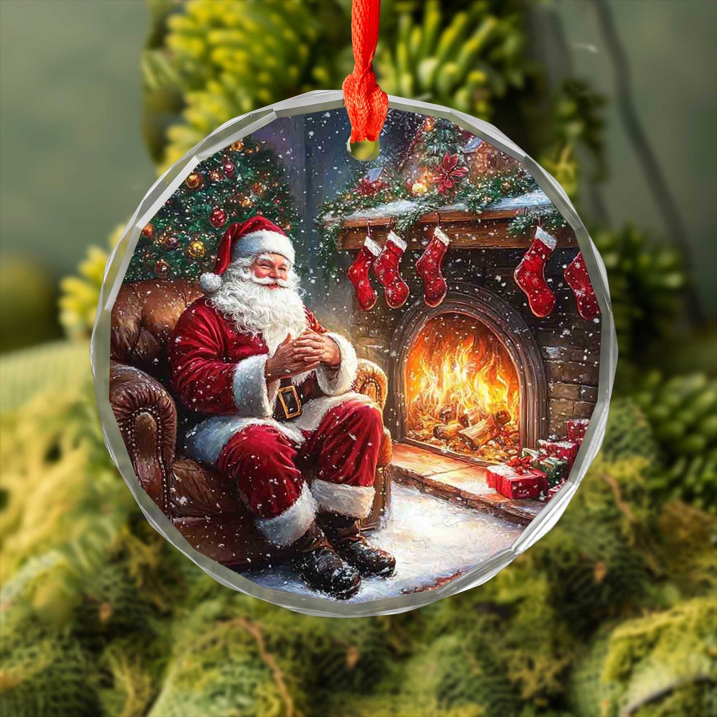 Netecom Santa Claus by the Fireplace Glass Ornament – Cozy Christmas Eve Scene Decor, Holiday Keepsake Gift, 3-inch