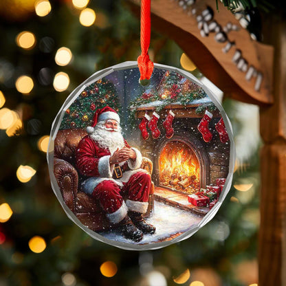 Netecom Santa Claus by the Fireplace Glass Ornament – Cozy Christmas Eve Scene Decor, Holiday Keepsake Gift, 3-inch