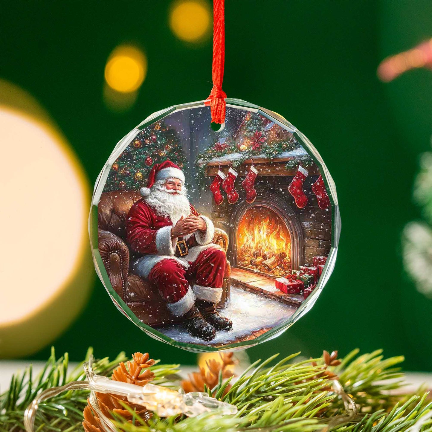 Netecom Santa Claus by the Fireplace Glass Ornament – Cozy Christmas Eve Scene Decor, Holiday Keepsake Gift, 3-inch